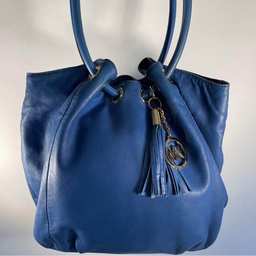 Leather Michael Kors Blue Shoulder Bag with Tassels and Gold Hardware